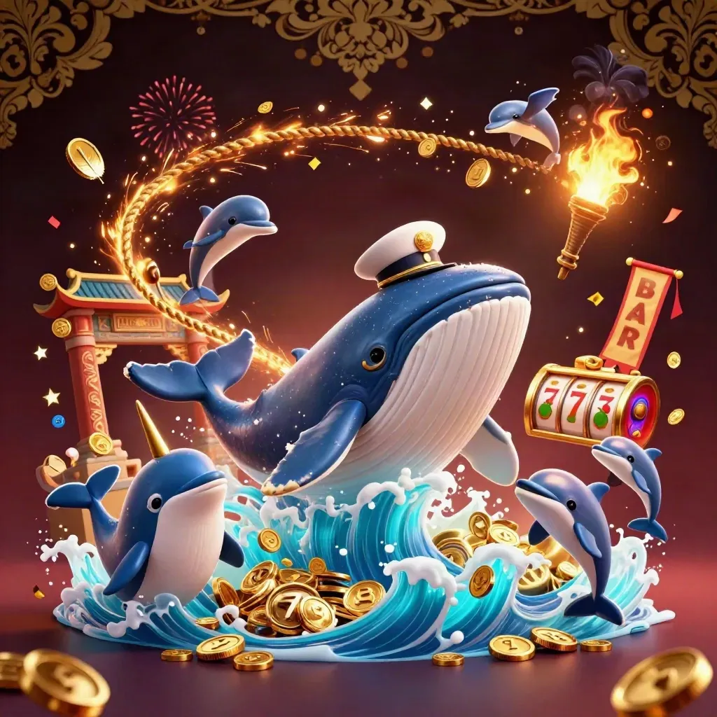 Captain whale, narwhal, and dolphins in a neon casino sea of coins and fireworks.