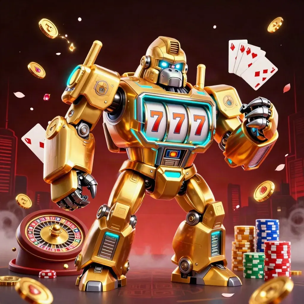 Golden gorilla slot mech with tiny monkey pilot, coins, chips, roulette wheel, and glowing casino effects