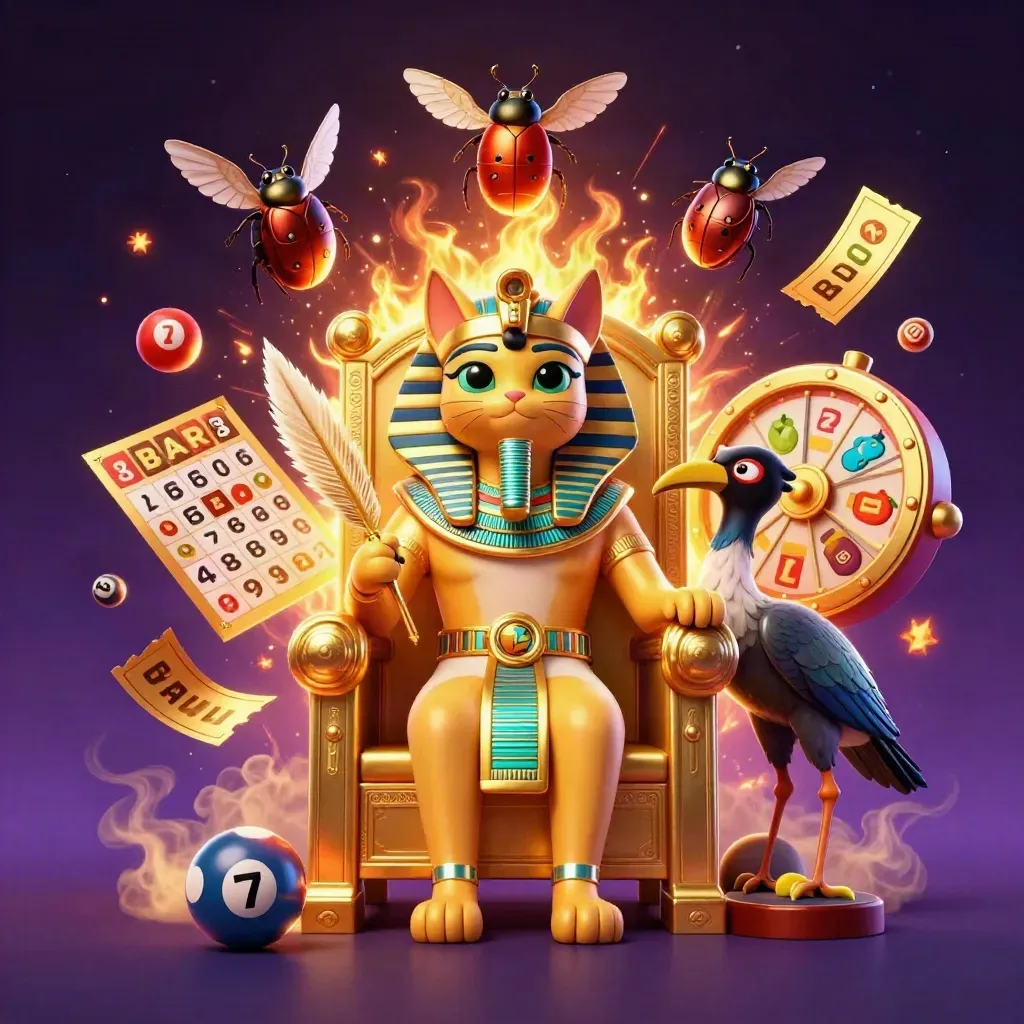 Pharaoh cat on golden throne with ibis scribe, scarabs, and casino symbols bursting in neon light