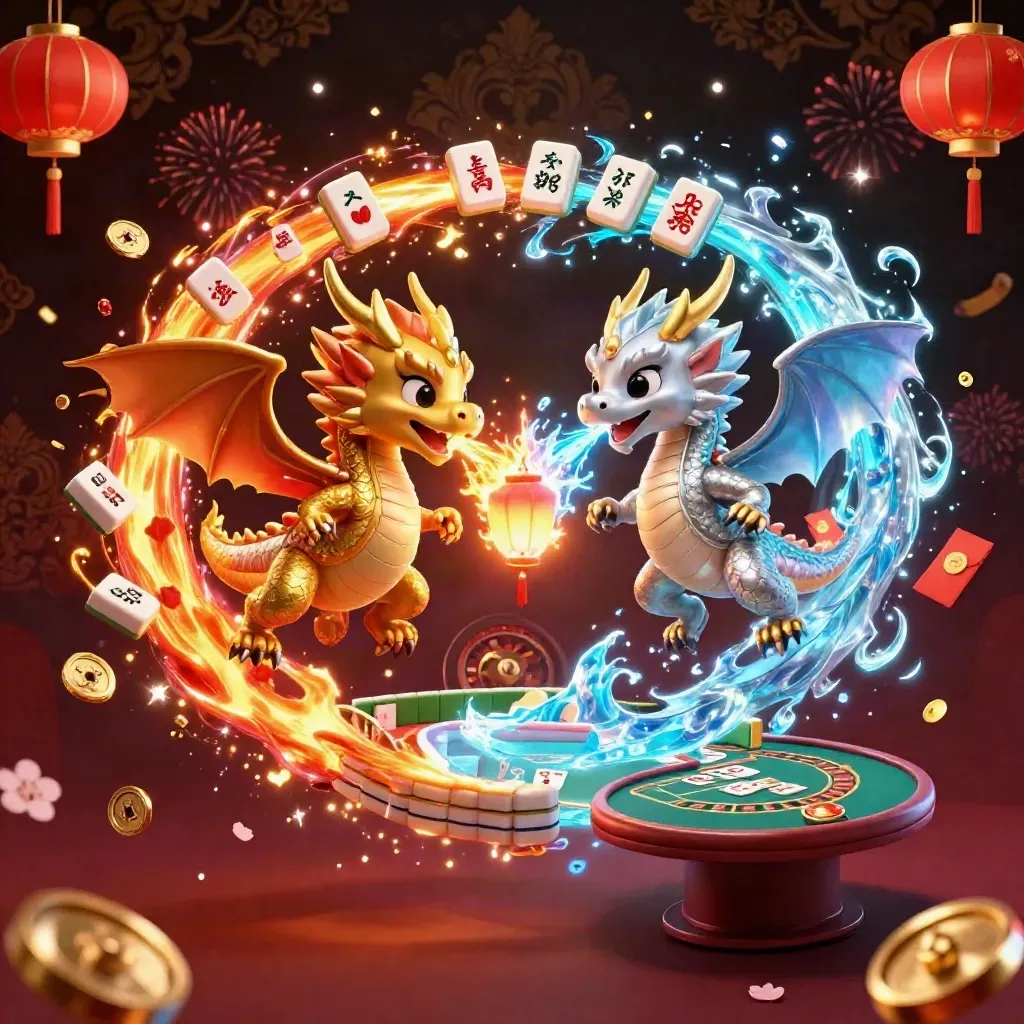 Twin gold and silver dragons spiral with casino icons, lanterns, coins, and fireworks in luxe neon.