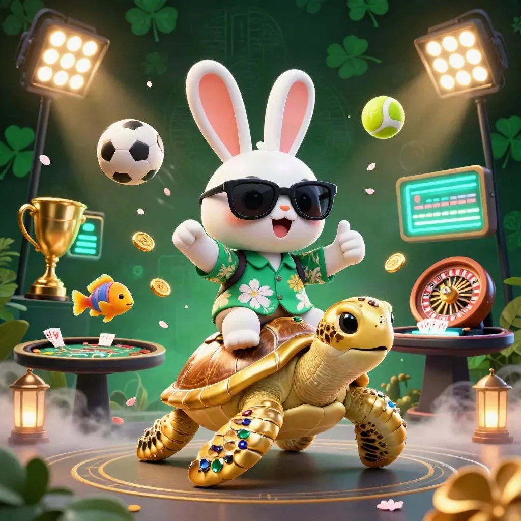 Lucky rabbit on a gold sea turtle with casino lights, coins, petals, and neon energy.