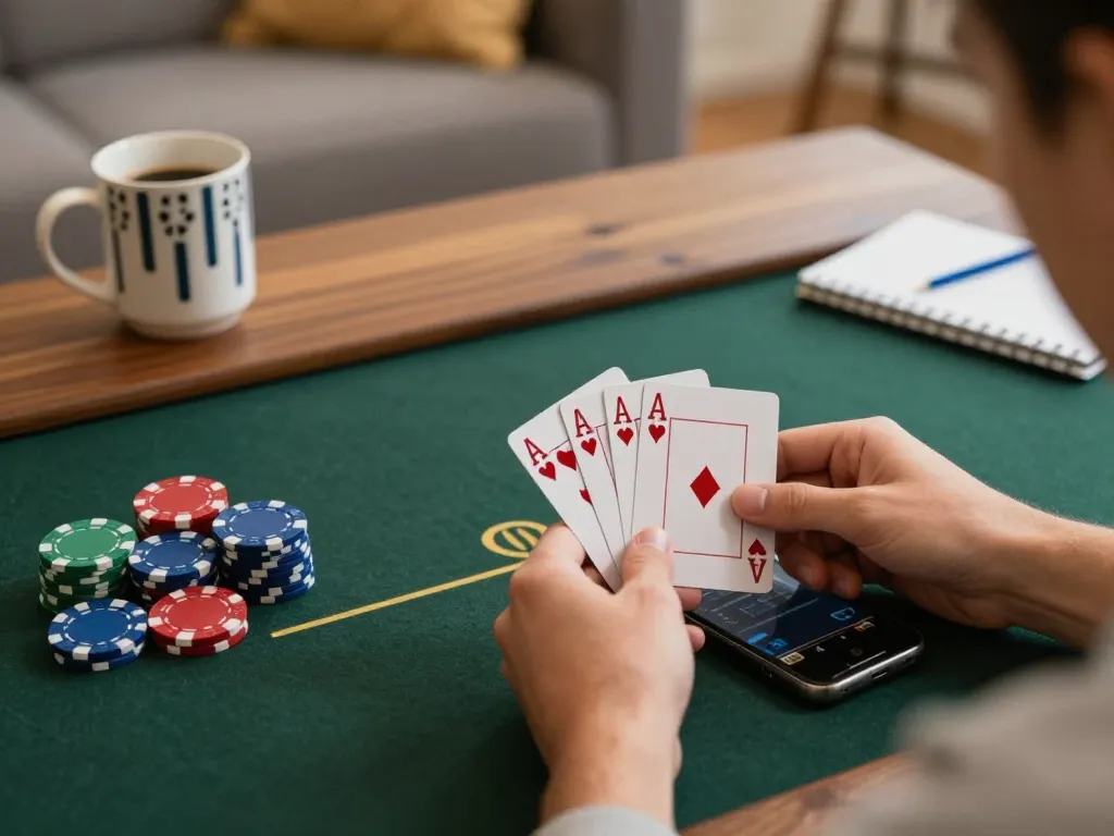 Player engaging with Nhà Cái Jun88 app showcasing winning poker hand and strategy.