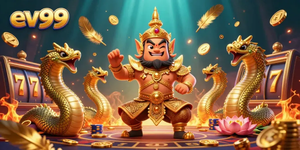 Experience the excitement of online gaming at ev99 with a vibrant 3D dragon guardian and golden tokens.