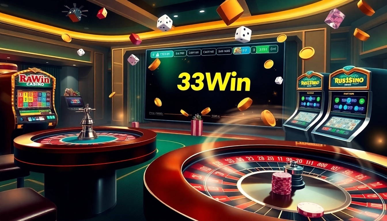Experience the thrill of gambling at nhà cái 33Win with vibrant casino visuals showcasing tables and slot machines.