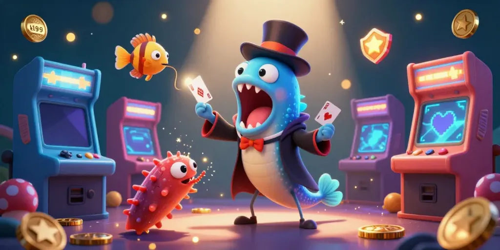 Experience thrilling action at kl99 with a magical underwater casino illustration featuring characters like a gulper eel and anglerfish.