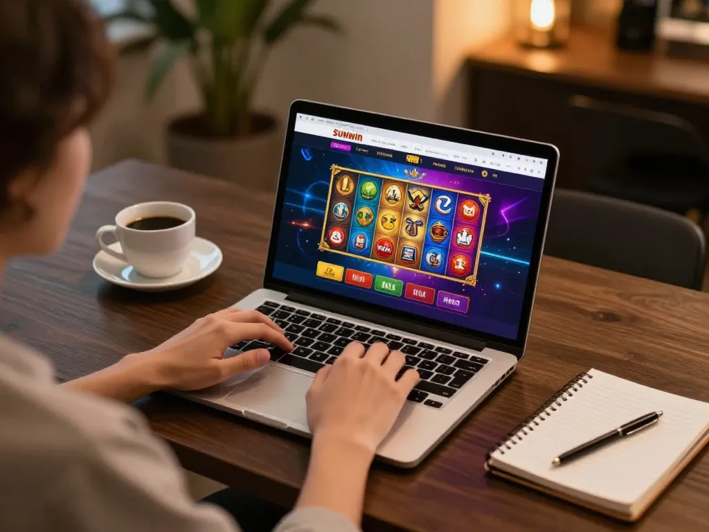 Engaging gameplay on Sunwin's platform showcasing online casino options in a cozy home setting.