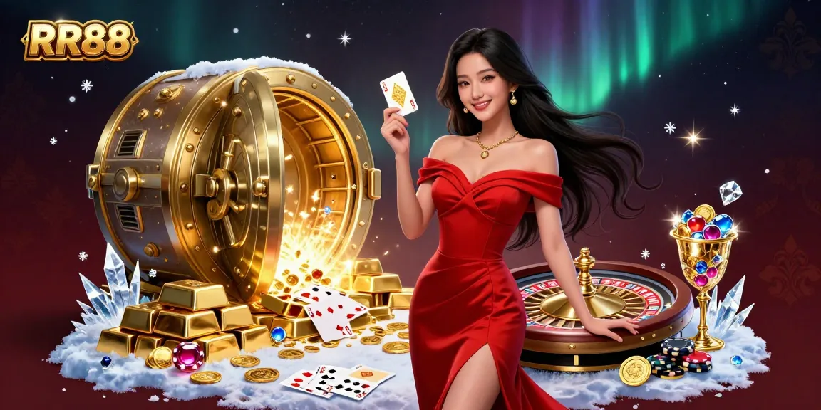 Experience RR88's captivating golden casino scene with a confident dealer holding a winning card.