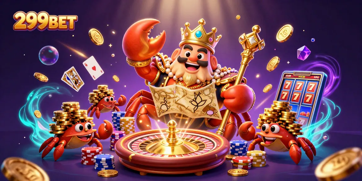 A vibrant 3D illustration showcasing 299BET's golden crab emperor amidst exciting casino elements, including roulette and coins.