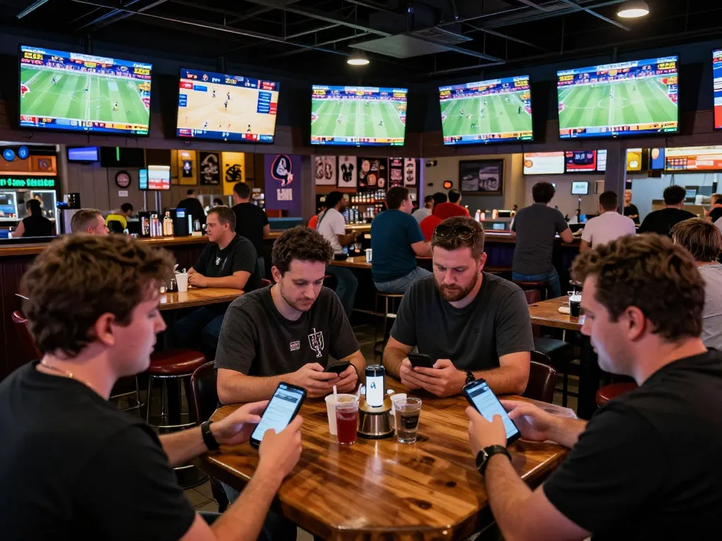 Engaged bettors using nowgoal app on mobile devices during live sports betting event
