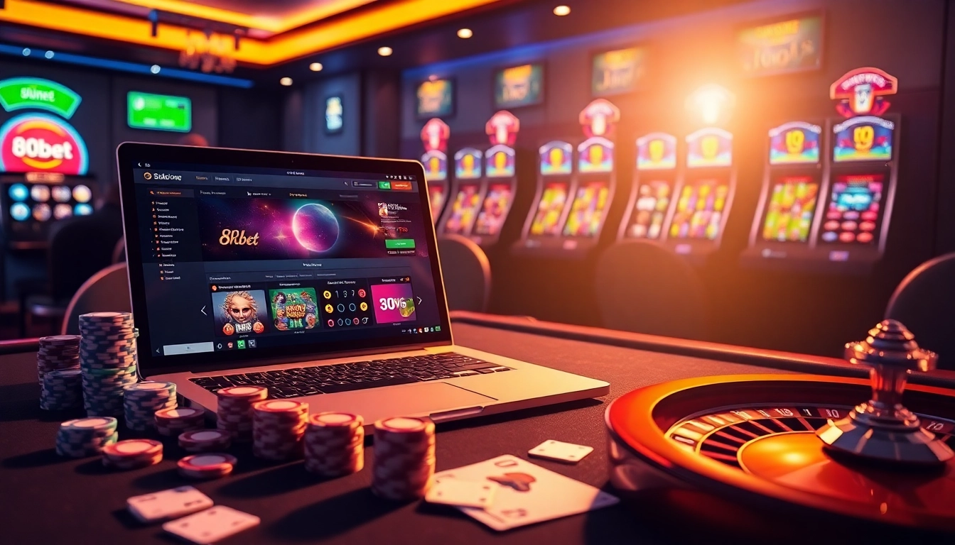 Engaging scene of nhà cái 8kbet highlighting exciting online gambling elements like poker, roulette, and a modern interface.
