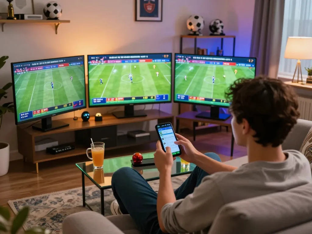 SOCOLIVE user engaging in live sports betting from home, surrounded by screens and soccer memorabilia