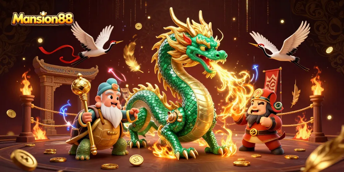 Mansion88 showcases a mystical dragon and sage, enhancing online betting excitement in vivid detail.