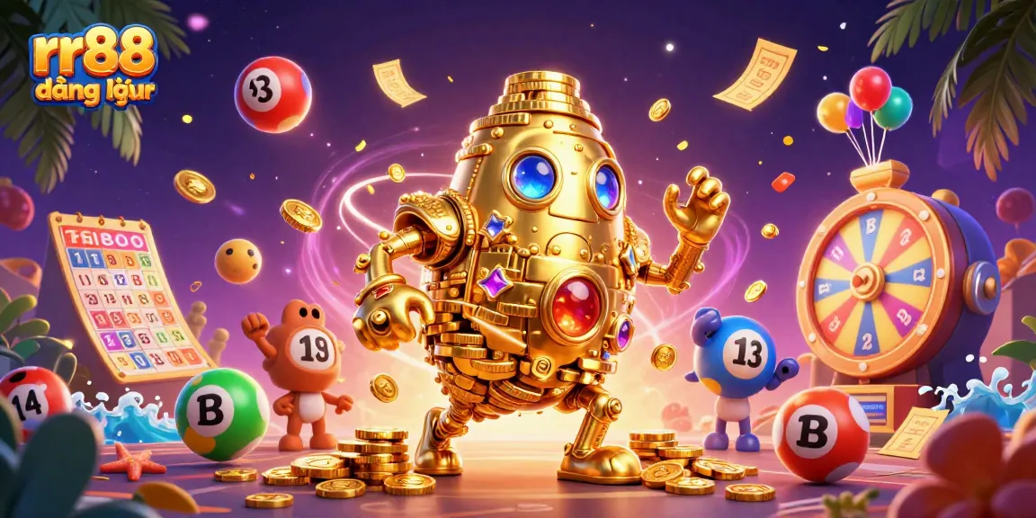 Engage in thrilling gameplay at rr88 đăng nhập while surrounded by dynamic lottery elements and a golden golem.