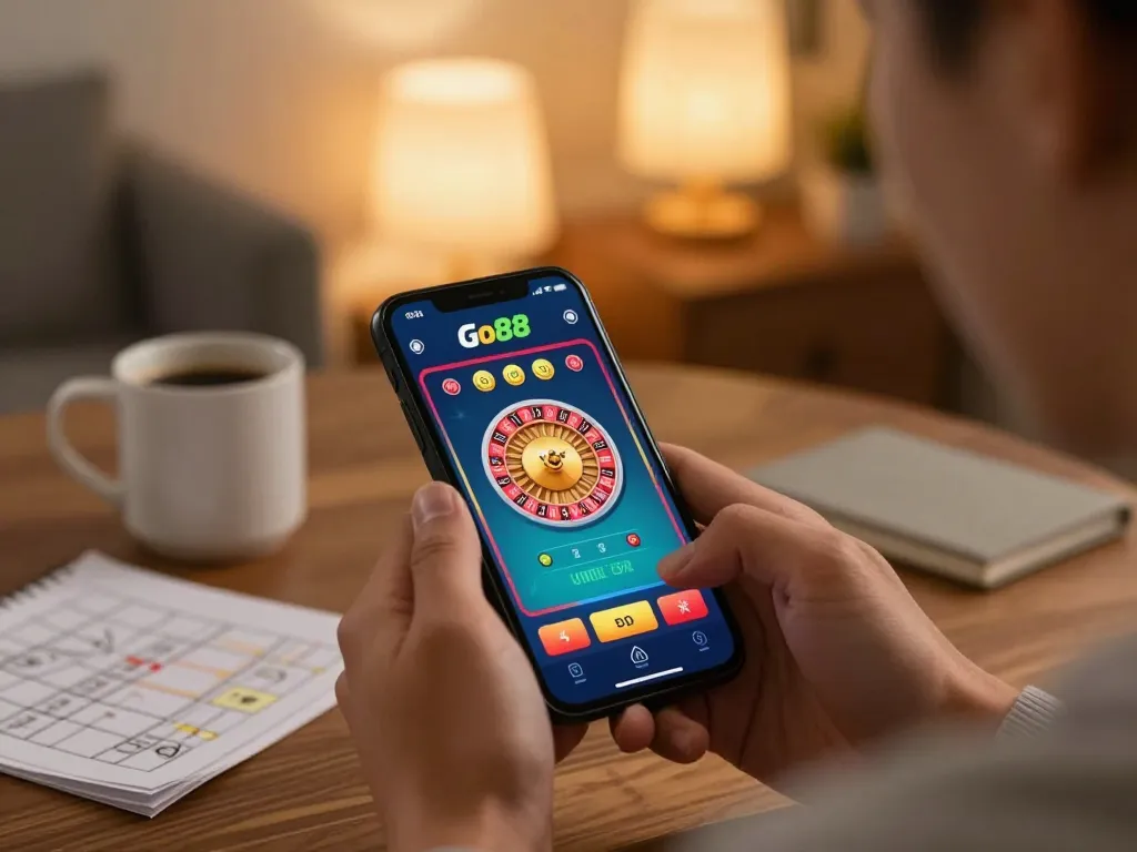 Engaging gameplay on Go88 live casino app, showcasing roulette interface in a cozy home.