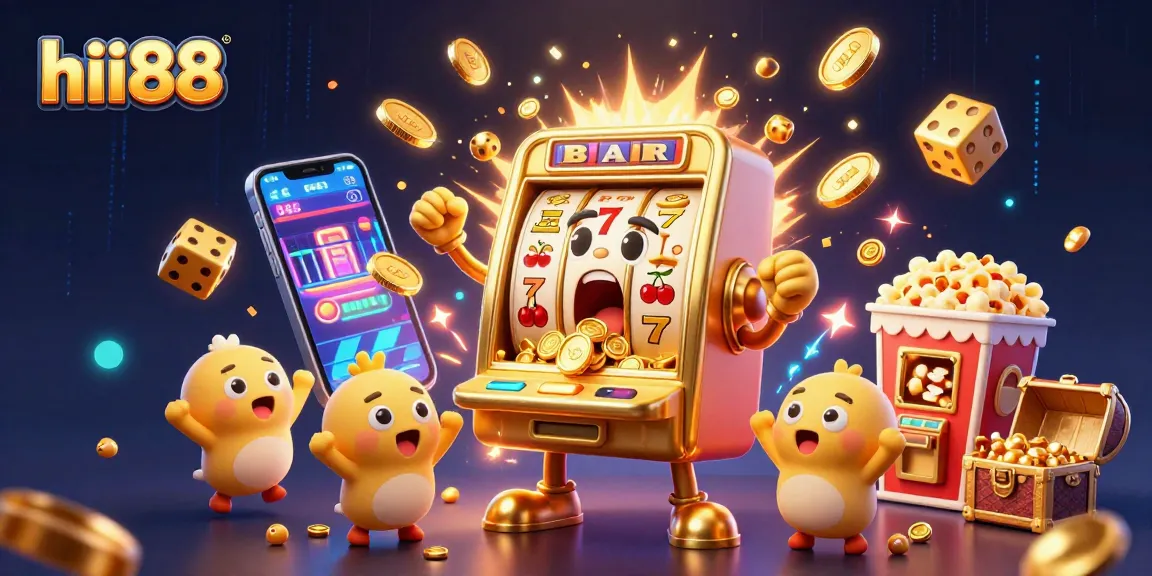 Experience thrilling slots at hii88 with a dynamic jackpot scene featuring animated machines, coins, and games.