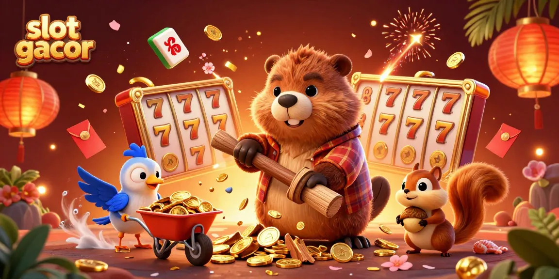 Experience slot gacor action with a beaver collecting coins amid exciting slot game elements and vibrant colors.