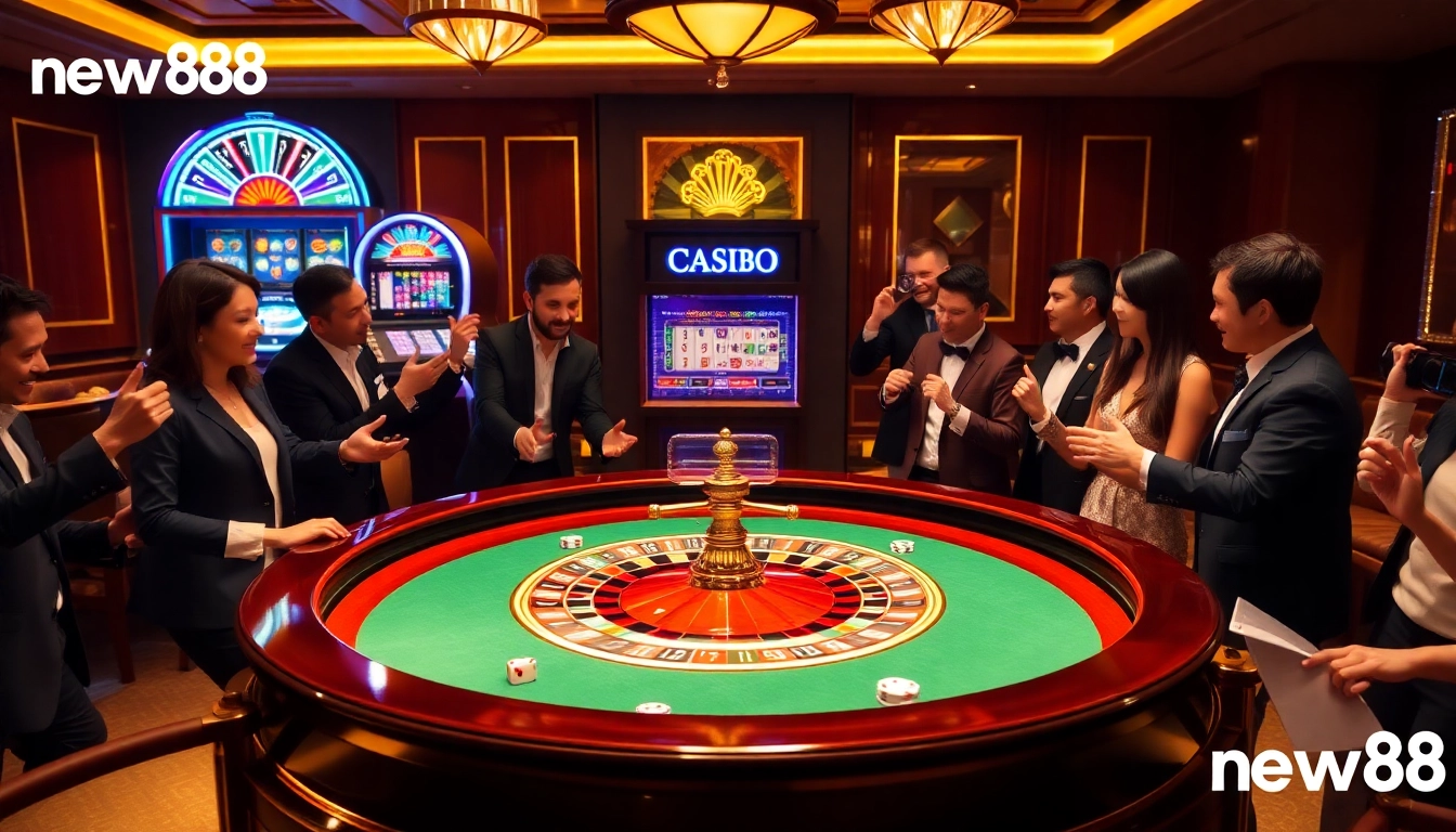 Experience thrilling gameplay at new88 with vibrant casino scenes featuring roulette and slot machines.