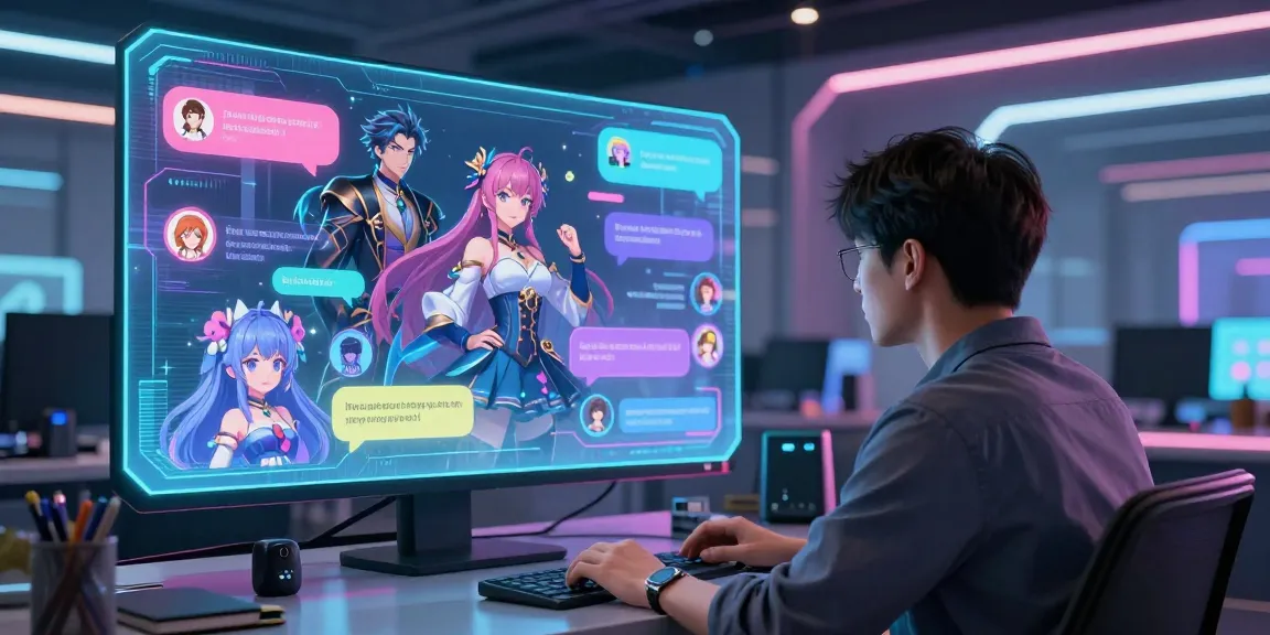 Engaging AI ecchi chat interaction with colorful anime characters in a vibrant digital environment.