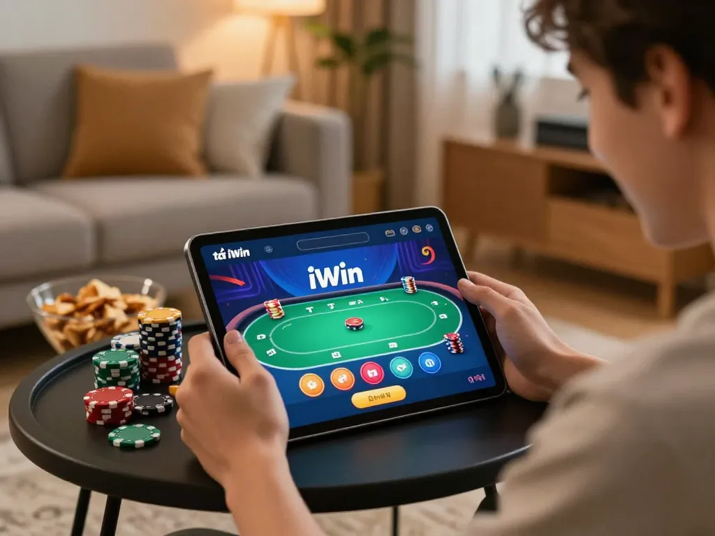 Tải iwin app displayed on tablet during a cozy home gaming session with colorful poker interface.