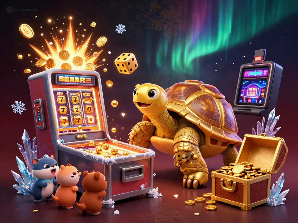 Experience the excitement of sunwin chính chủ with vibrant casino elements bursting around a golden tortoise character.