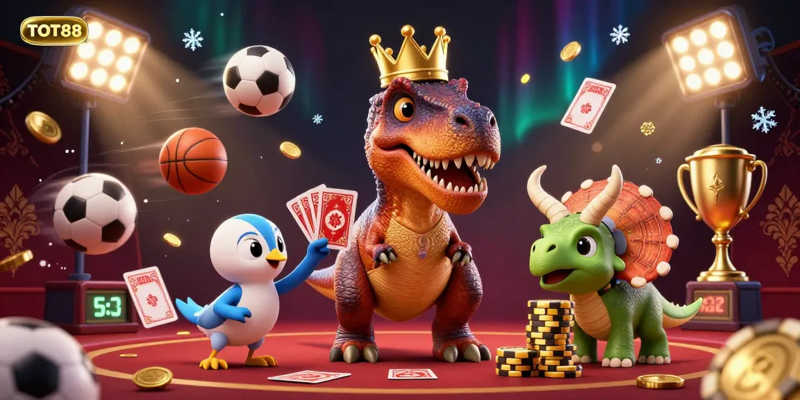 Engage in exciting betting action with TOT88 in this dynamic casino scene featuring T-Rex and triceratops.