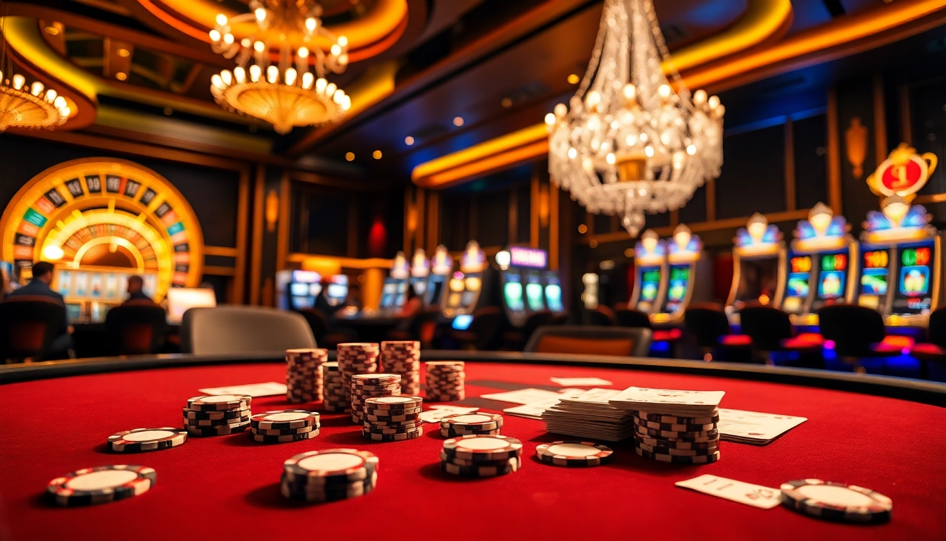 An elegant casino scene at https://cm88.bio/ featuring a poker table, colorful chips, and a vivid roulette wheel, showcasing the thrill of gambling.