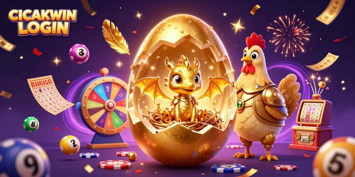 Win big with CICAKWIN LOGIN as the lucky golden dragon emerges from a spectacular golden egg amidst vibrant casino elements.