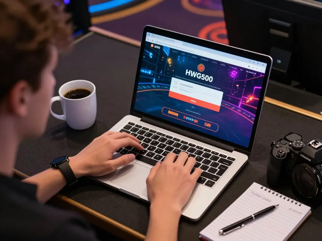 Pengaturan permainan online yang menarik dengan login HWG500 ditampilkan di laptop, menampilkan perjudian strategis.