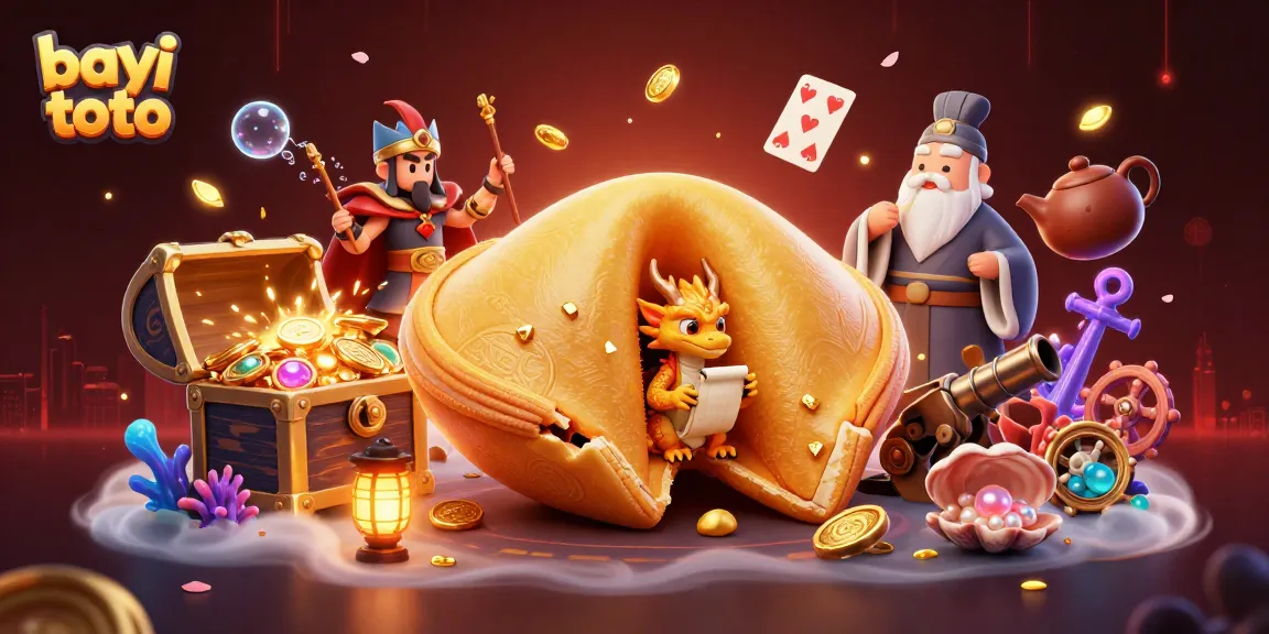 Bayi toto showcases a vibrant scene with a fortune cookie and wise dragon amid gold elements, enriching your gaming experience.