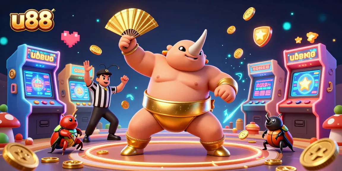 Experience thrilling gameplay at u88 with a rhino beetle champion stomping coins surrounded by vibrant casino elements.