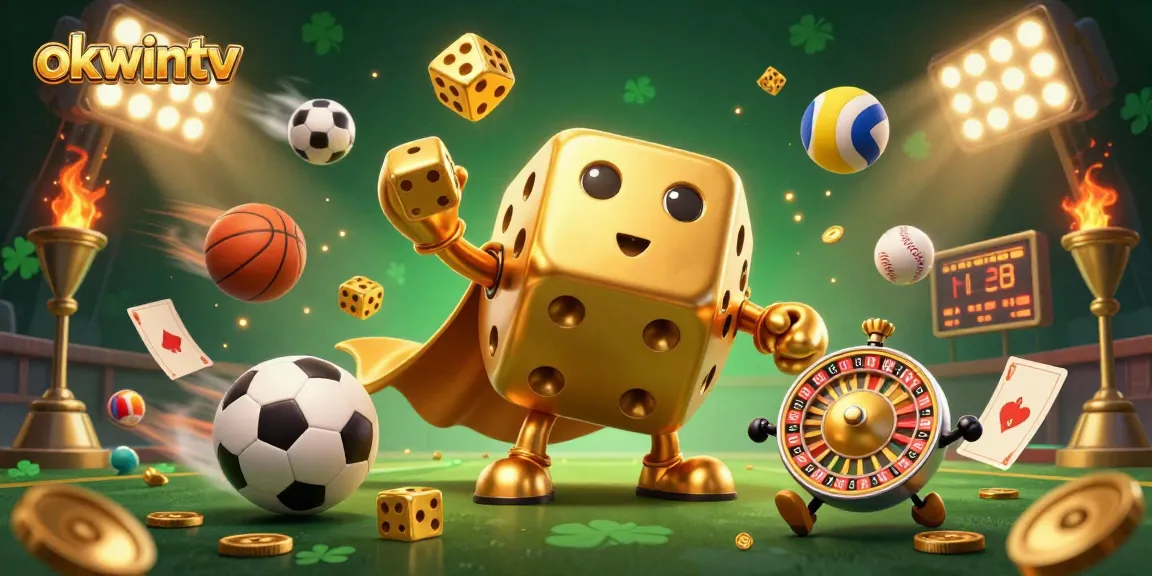 Experience the dynamic world of okwintv with golden dice juggling amidst vibrant sports elements.