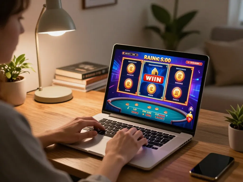 Engaging in gameplay at home with GG88's online casino on a laptop, capturing a fun and strategic gambling experience.