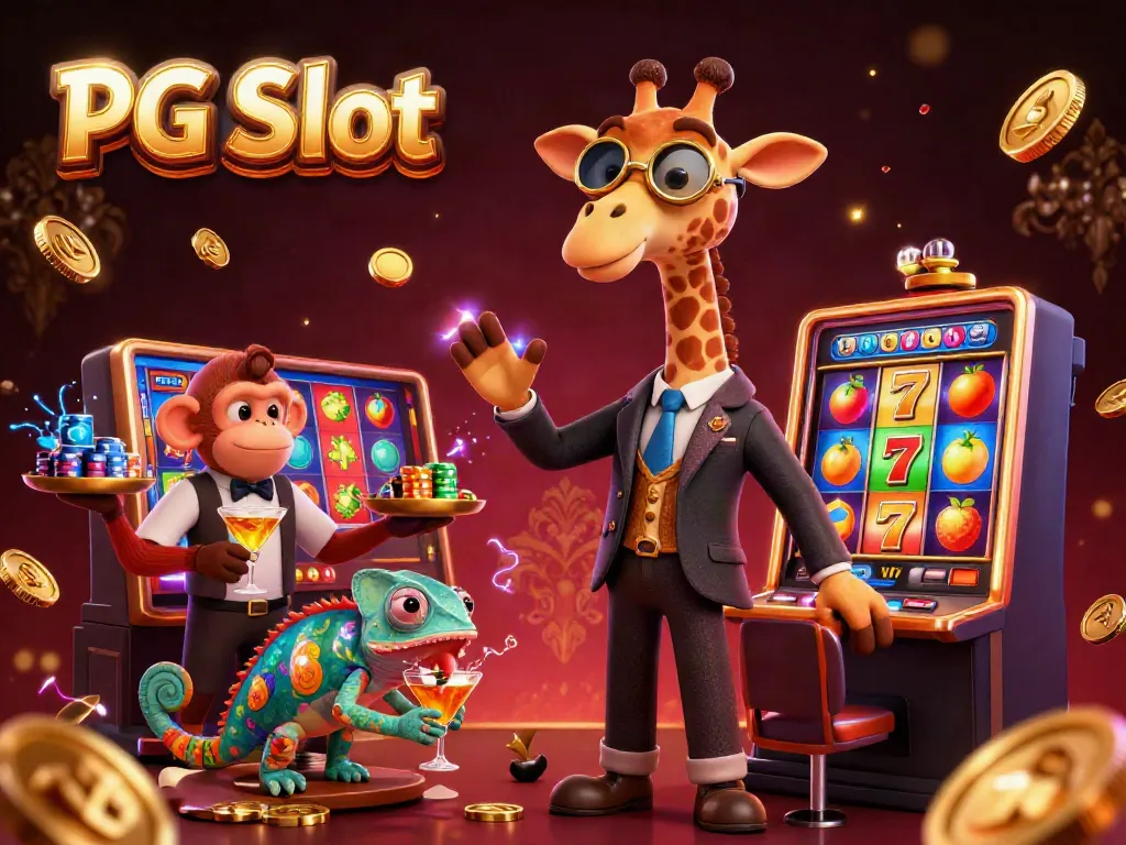 Engage with PG Slot through a vibrant casino scene featuring a high-roller giraffe, monkey valet, and chameleon bartender.