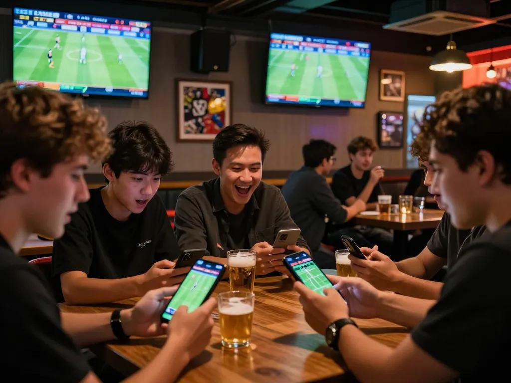 Engaging in kèo nhà cái 88 betting on live football matches at a sports bar.