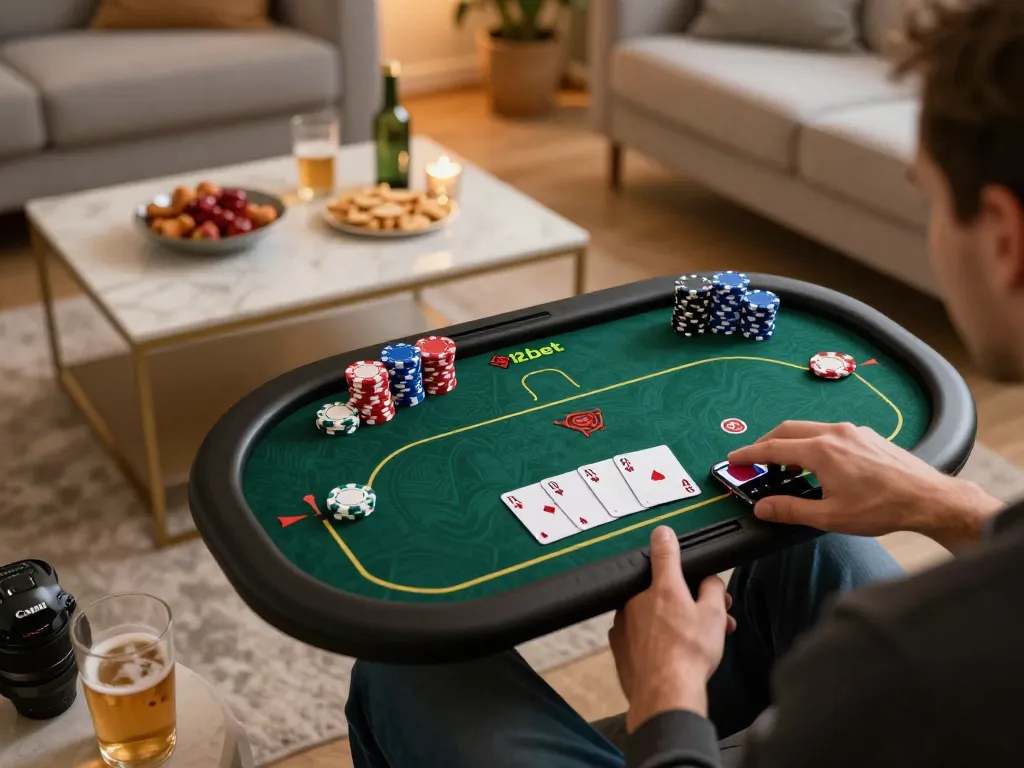 Playing poker on 12bet app with colorful chips and warm home setting.
