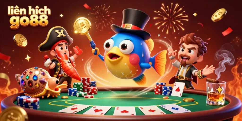 Experience the thrill of gaming with liên hệ go88 as vibrant characters gather around a lively poker table, celebrating wins.