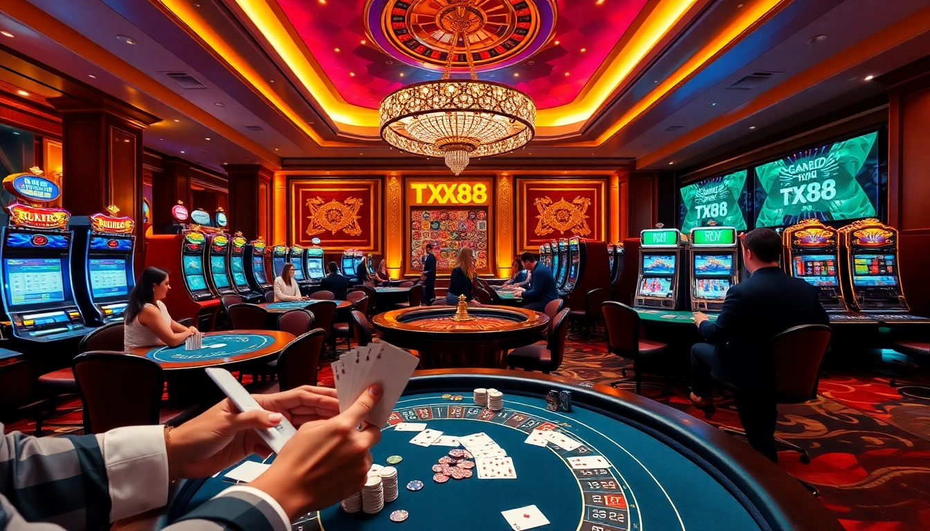 Exciting gameplay at TX88 casino showcasing players enjoying slots and poker.