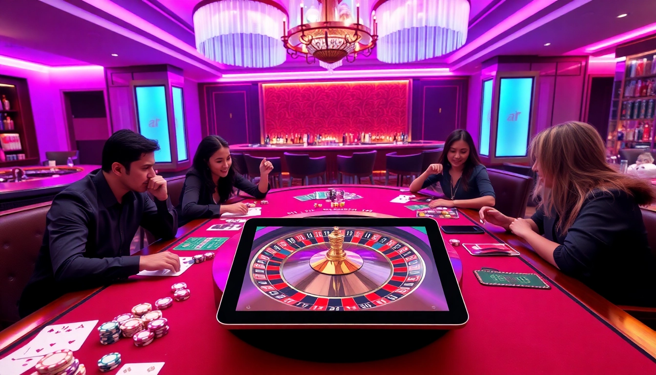 Experience the thrill of betting at https://tg88u.com/ with a vibrant casino scene featuring roulette and excited players.
