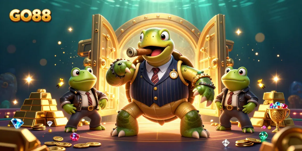 Engage with the thrilling world of GO88's vibrant casino scene featuring a turtle mobster and froggy enforcers.