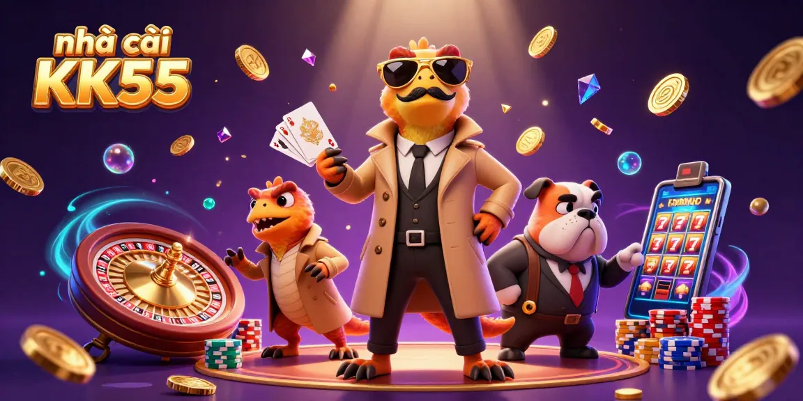 Experience excitement at nhà cái KK55 with cartoon raptors entering a VIP casino, surrounded by vibrant gaming elements.