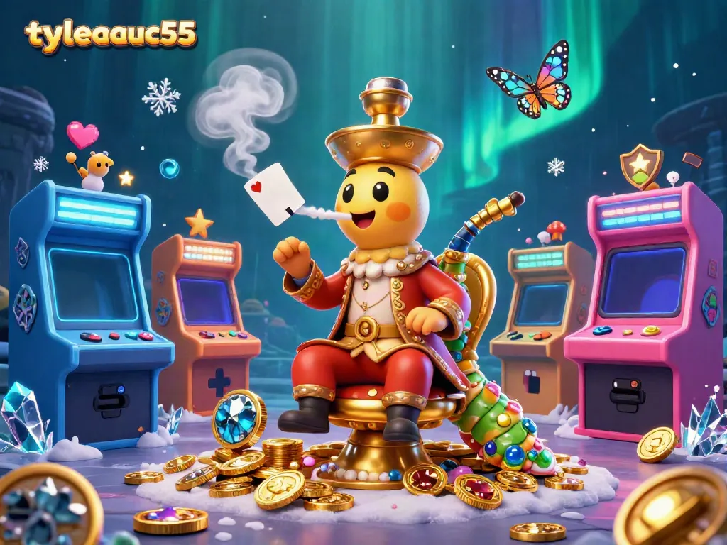 Experience excitement with tylecacuoc55 showcasing a dynamic 3D gaming scene blending casino elements and colorful arcade games.