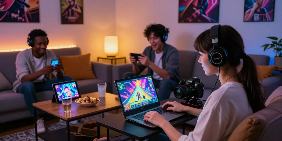 Your immersive hentaigame experience with players gaming on different devices in a cozy living room.