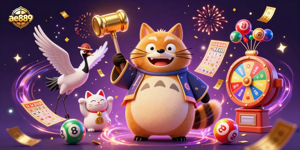 Experience the thrill of winning at ae889 with cheerful tanuki and colorful elements celebrating gambling.