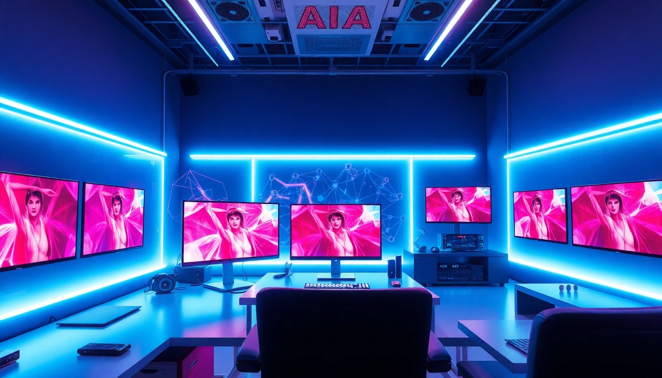 AI porn content creation studio showcasing advanced digital art generation tools in a sleek, modern setting.