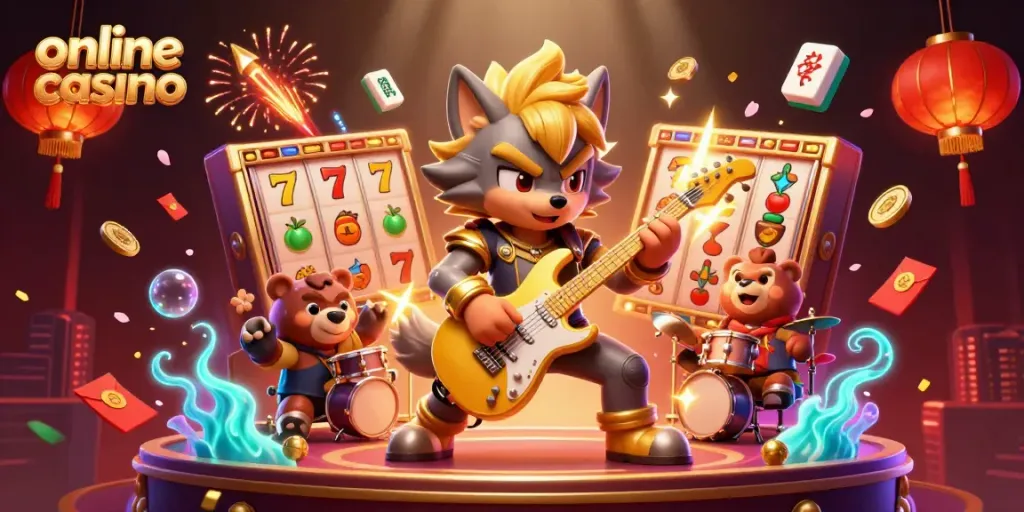 Online casino illustration featuring a rock star wolf and drummer bear in a vibrant casino setting with slot reels.