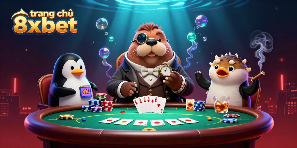 Experience the excitement of trang chủ 8xbet with a jolly walrus playing poker in a vibrant underwater casino scene.