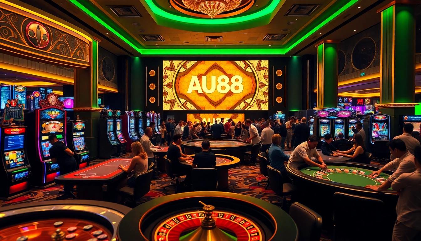 Engaged players enjoying various gambling activities at AU88 Casino, featuring vibrant slot machines.