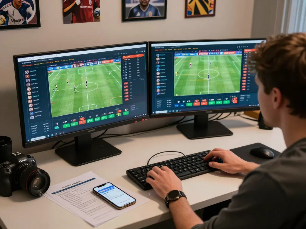 Engaged bettor analyzing tỷ lệ bóng đá wap odds on dual monitors for strategic decision-making