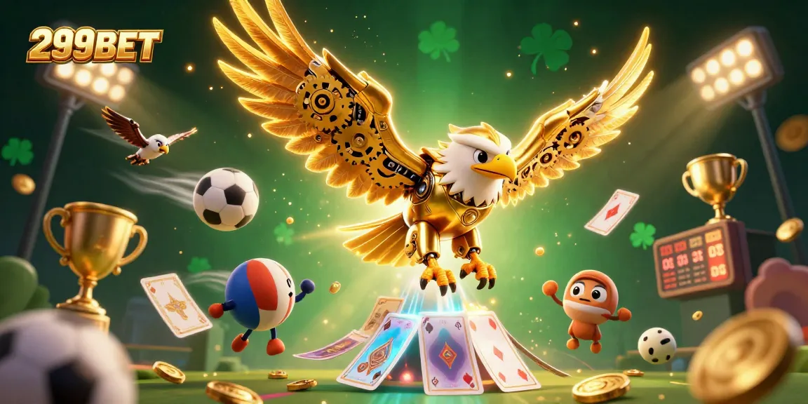 Join the action at 299BET with a vibrant illustration of a cybernetic eagle amidst dynamic sports symbols and casino elements.