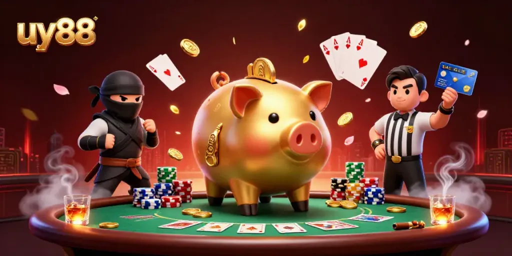 Watch uy88's golden sumo piggy bank and ninja clash in this lively casino illustration!